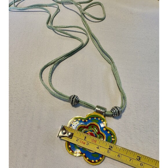 Colorful Enamel Flower Pendant Necklace on Green Cord Boho Retro Festival Jewelr - Picture 8 of 9